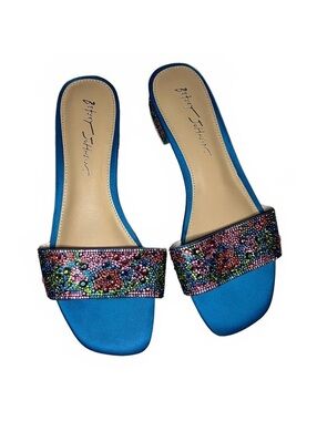 Betsey Johnson Blue Satin Beaded Open Toe Slide Sandals Size 8.5